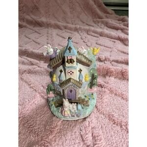 Vintage Easter  Bunny Towne Church building hand painted porcelain w/ box